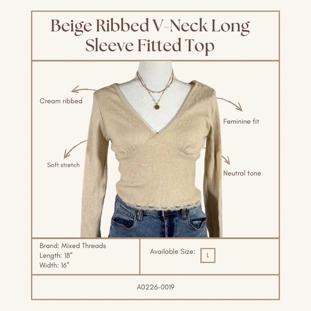 Beige Ribbed V-Neck Long Sleeve Top
